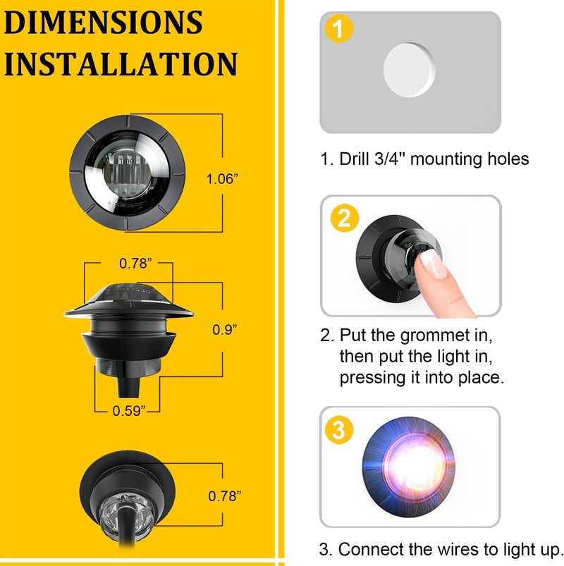 BJZ 3/4" Round Trailer Marker LED Lights Amber to Blue Dual Color Side Clearance Tail Bullet Light 12V 4LED Indicator Light w/Smoked Lens for Trailer Truck Van RV ATV Bus, 10Pcs - Image 5